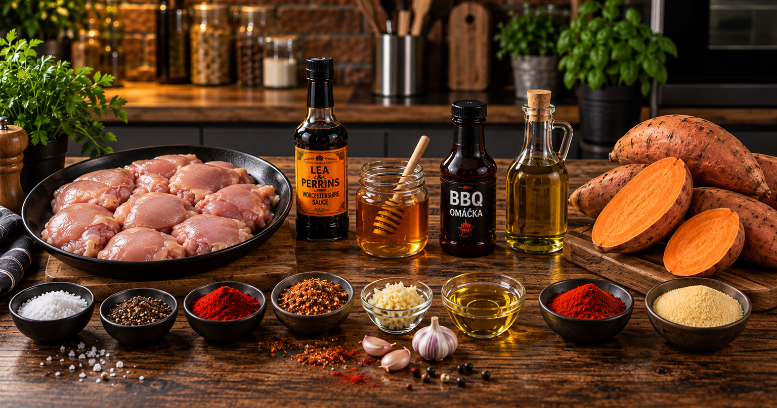 Ingrediencie na marinované kuracie stehná s batátmi