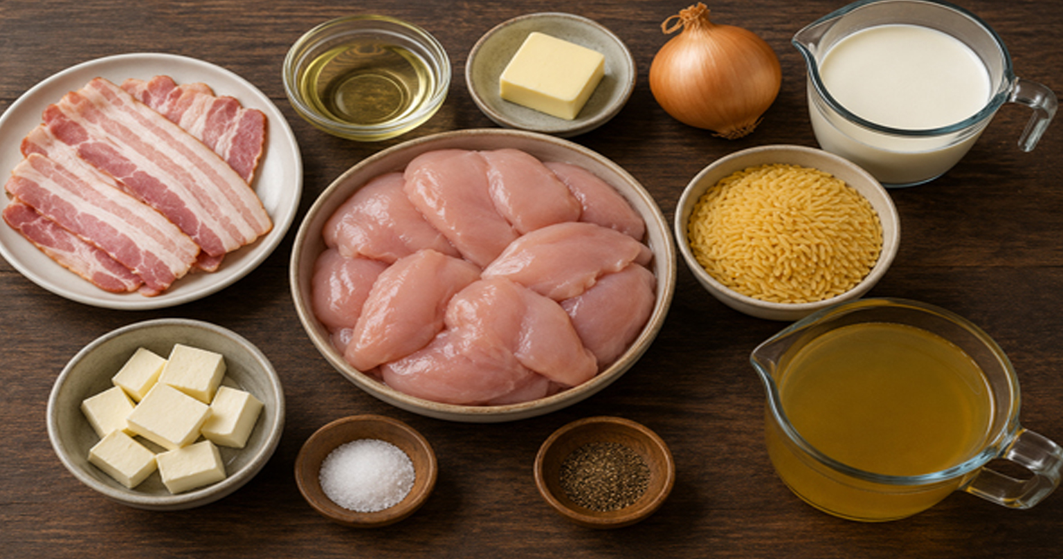 Ingrediencie na kuracie mäso so slaninou